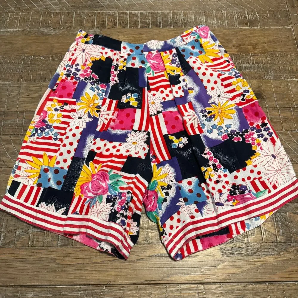 Vintage Afterall Womens L 2 Piece Set Mixed Print Blouse Shorts Outfit 90s Flaw